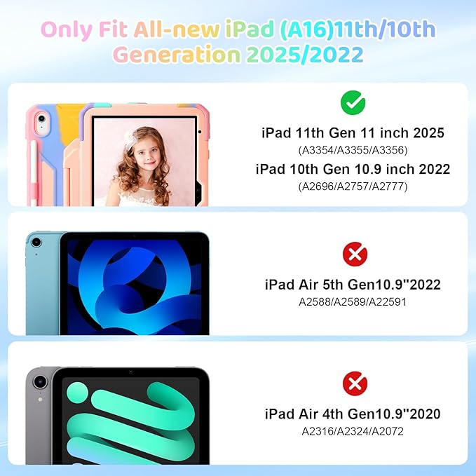 Case for iPad (A16) 2025 11th Gen 10.9'' iPad 10th Generation 2022 10.9'' with Tempered Glass Screen Protector Rugged Kid Case with Shoulder Strap/Pencil Holder/Folding Stand (Rainbow)