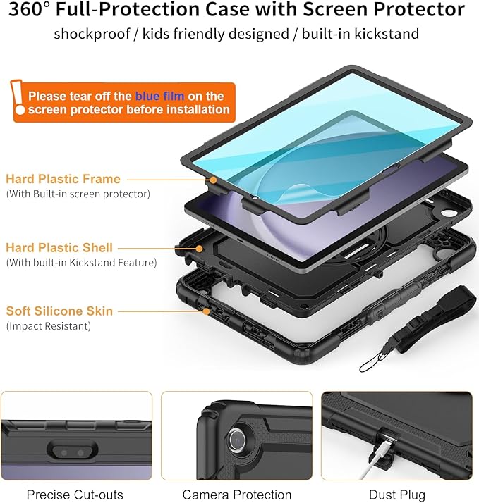 DUNNO Case for Samsung Galaxy Tab A9+ Plus 11 Inch 2023 Shockproof Case with Screen Protector 360° Rotating Stand Hand &amp Shoulder Strap for Galaxy Tab A9 Plus Tablet (Black)