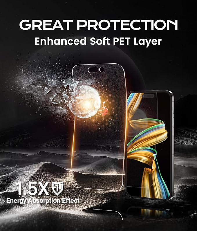 EZ-GLAZ-2 Pack Matte Screen Protectors for iPhone 15 Pro Max – Easy Installation Box ENGY-Absorbing PET Film Anti-Glare Matte Finish Smooth Touch Enhanced Sunlight Readability