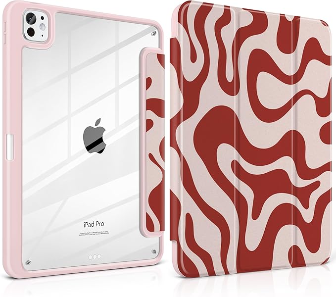 TWOLSKOO Case for iPad Pro 11-inch (M5 2025 / M4 2024) Clear Acrylic Back with TPU Bumper Pencil Holder Trifold Stand Auto Sleep/Wake Red Waves