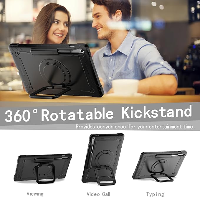 DETUOSI Case for Samsung Galaxy Tab S10 FE Plus 13.1 inch 2025 with Pencil Holder Heavy Duty Shockproof Case with Rotatable Stand &amp Shoulder Strap Black