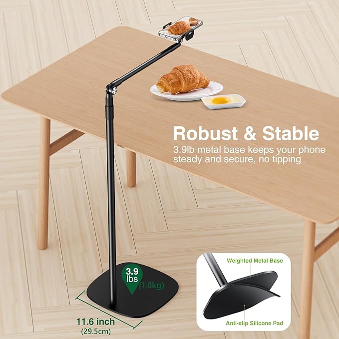 elitehood Floor Phone Stand Overhead Video Recording 360 Degrees Swivel Tilt Adjustable iPhone Stand for Bed Chair Desk Floor Phone Holder Compatible with iPhone 15 14 13 12 Android Phone