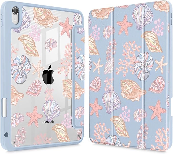 May Chen for iPad Air 11-inch M4/M3/M2 (2026/2025/2024) iPad Air 5th/4th 10.9 Inch - Shockproof Cover with Clear Back Shell &amp Penceil Holder Auto Wake/Sleep Stand Cover Seashells