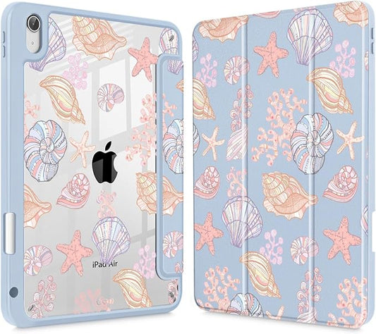 May Chen for iPad Air 11-inch M4/M3/M2 (2026/2025/2024) iPad Air 5th/4th 10.9 Inch - Shockproof Cover with Clear Back Shell &amp Penceil Holder Auto Wake/Sleep Stand Cover Seashells