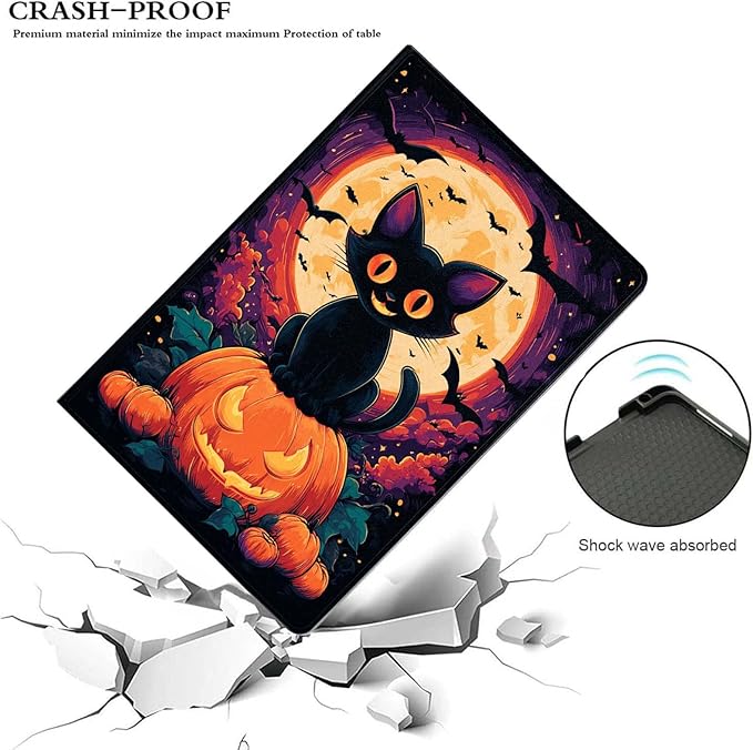 Case for iPad 5th/6th Gen 9.7 2017/2018iPad Air 1/2 9.7 InchSlim PU Leather Cover Adjustable Stand Auto Wake/SleepHalloween Black Cat Pumpkin