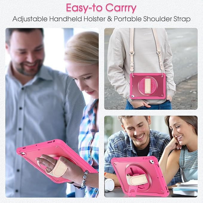 BRAECNstock Case for iPad 6th/5th Generation 9.7 inch 2018/2017ipad Air 2nd Generation &amp Pro 9.7 inch Cover for Kids with Pencil HolderScreen Protector360°Rotating Hand Strap&ampKickstand-Rose