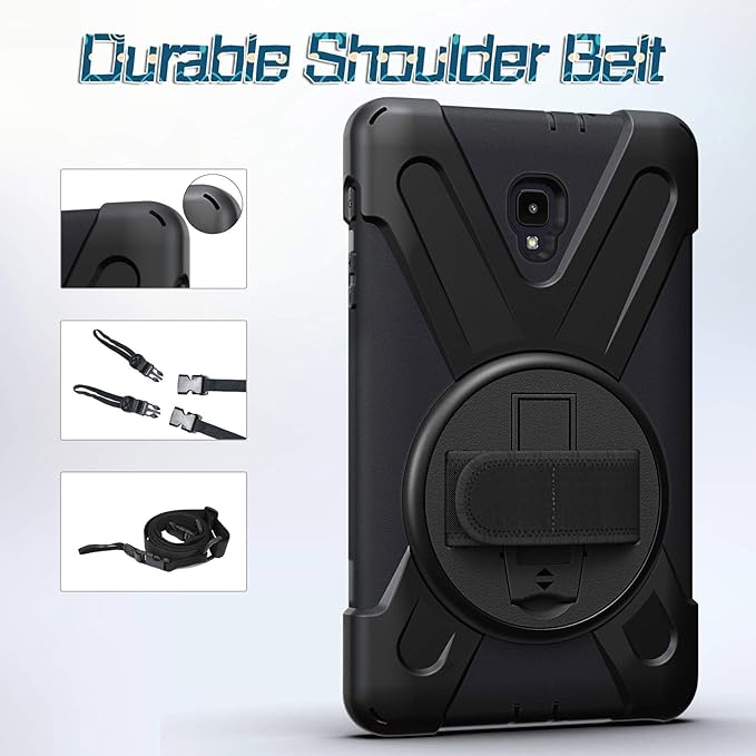 Case for Samsung Galaxy Tab A 8.0 Released 2017 Tablet SM-T380/SM-T385 360 Rotating Kickstand Hand Shoulder Strap Shockproof Rugged Kids Cover Black