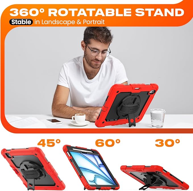 SEYMAC stock Case for iPad Air 11-inch M4-M2 2026-2024 (Gen 8-6) Shockproof Heavy Duty Case with Screen Protector Pencil Holder Rotating Stand Hand Strap Shoulder Strap Red