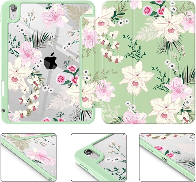 May Chen for iPad (A16) 11th Generation Case 11 Inch 2025 iPad 10th Gen Case 2022 10.9 inch Built-in Pencil Holder with Shockproof Cover Clear Back Shell Auto Wake/Sleep Garden Flower