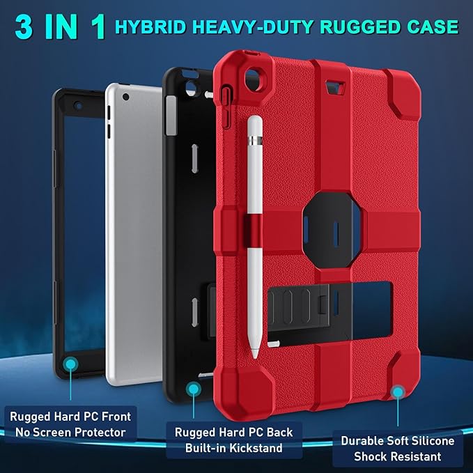 Case for iPad 9th/8th/7th Generation 2021/2020/2019(10.2 inch) Heavy Duty Shockproof Rugged Protective 10.2 Cover with Built-in Stand for iPad 9 8 7 Gen(Black+Red)