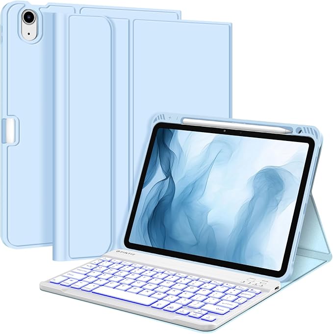 Fintie Backlit Keyboard Case for iPad Air 11-inch M4/M3/M2 (2026/2025/2024) iPad Air 5th/4th Gen 10.9 Inch - Soft TPU Cover with 7 Color Backlight Detachable Bluetooth Keyboard Sky Blue