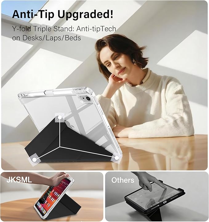 JKSML Case for iPad (A16) 11th/10th Gen with 8+ Viewing Angles DIY Detachable Sliding Cover Fully Clear Hard Back Shell Solid Y-fold Stand Pencil Holder for iPad 10.9 (2022)/ 11 (2025)-Black-1
