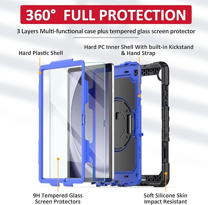 Ambison Case for Samsung Galaxy Tab A9+ Plus 11'' 2023 [Kids Proof] Full Body Protective Case with 9H Tempered Glass Screen Protector 360° Rotatable Kickstand &amp Hand Strap (Blue)