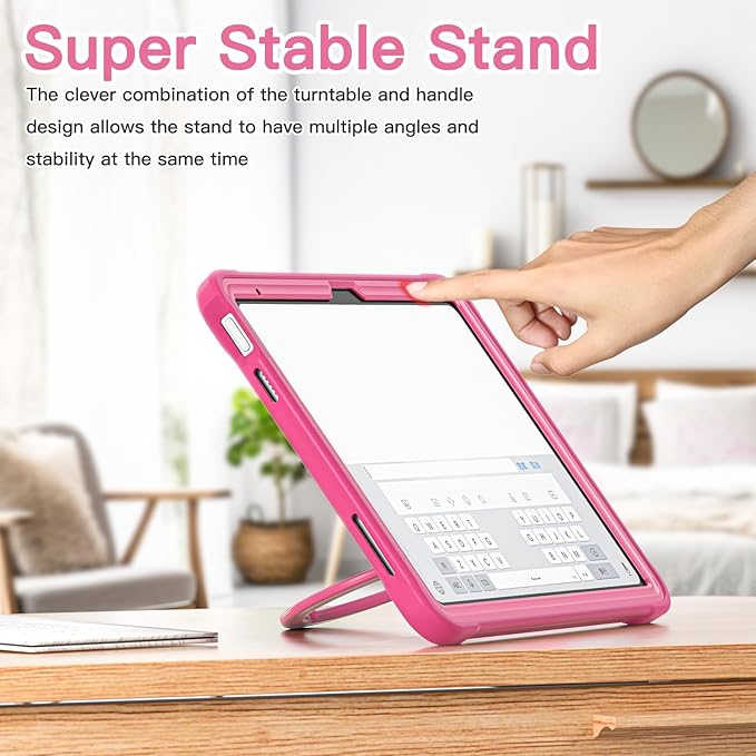 BATYUE Case for iPad (A16) 11th/10th Gen 11''/10.9'' 2025/2022 | Matte Frosted Shockproof Protective Cover with 360° Rotating &amp 180° Folding Stand Shoulder Strap &amp Pencil Holder | Rose Pink