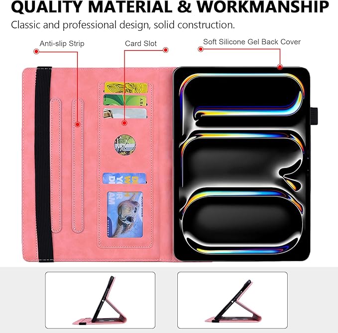 Folio Case for iPad Pro 13-inch M4 M5 (2024-2025) Techcircle Anti-Slip Stand Mandala Embossed PU Leather Soft TPU Back Protective Cover with Elastic Strap Card Slots &amp Pencil Holder Pink