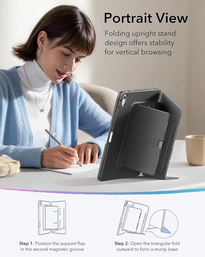 ESR for iPad Air 11 Inch Case M4/M3/M2 (2026/2025/2024) iPad Air 5th/4th Gen Case (2022/2020) Vertical Stand Cover Multi Stand Angles Ultra-Stable Cover with Pencil Holder Flip Series Black