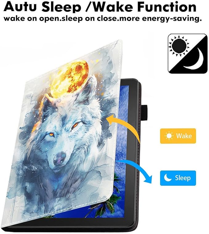 Case for Amazon Kindle Fire 7 Tablet (7 9th/7th Generation 2019/2017 Release) Slim PU Leather Cover with Card Slot &amp Auto Wake/Sleep Watercolor Art Wolf