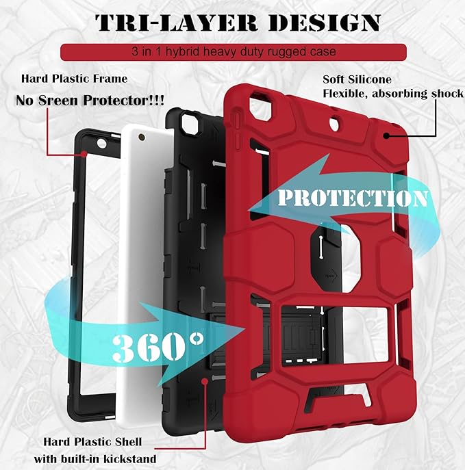 CCMAO for iPad 9th/8th/7th Generation 10.2 Inch Case 2021/2020/2019 with Kickstand Heavy Duty Shockproof Hybrid Three Layer Protective Cover Red+Black