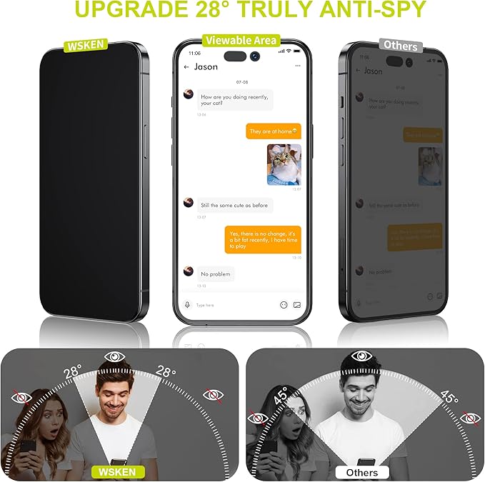 WSKEN 4 PACKS Privacy Screen Protector for iPhone 14 Pro Max 6.7 inch[Auto-Dust Removal] Full Coverage Screen 2.5D Edge 28 Degree 10s HD Tempered Glass Film with Dust Clean Installing House 2022 5G4