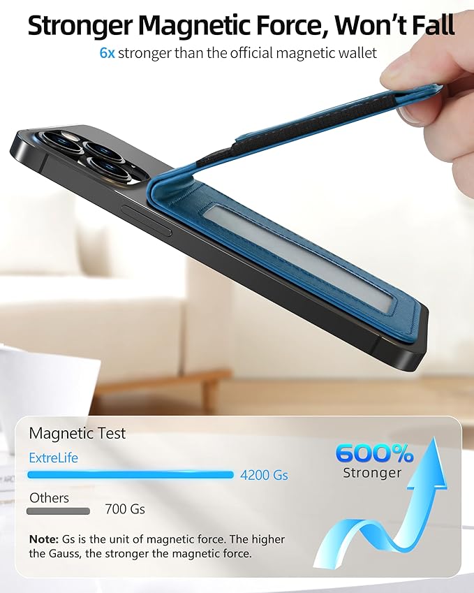 For Magsafe Wallet Stand Strongest Magnetic Phone Wallet Leather Magnetic Card Holder Wallet for iPhone 17/16/15/14/13/12 Series ID Window 4 Card Slots Hold 10 Cards RFID Blocking Blue