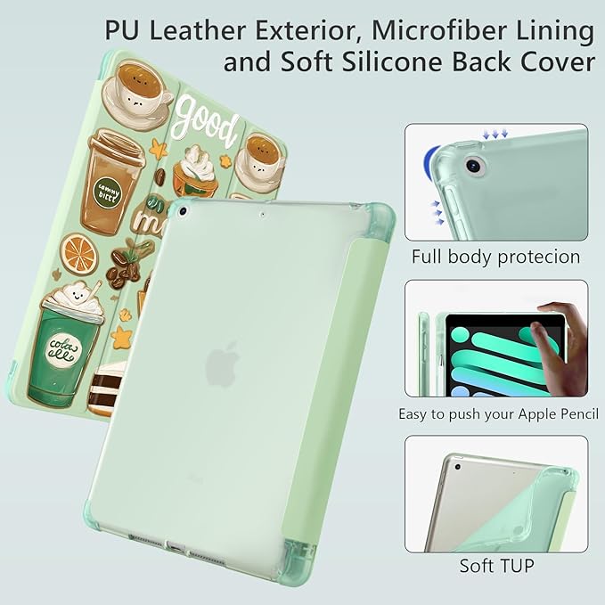 Cute Kawaii Coffee Cake for iPad Pro 13 Inch Case (M5/M4) 2025/2024 with Pencil Holder Auto Sleep/Wake Green Leather Soft TPU Back Cover