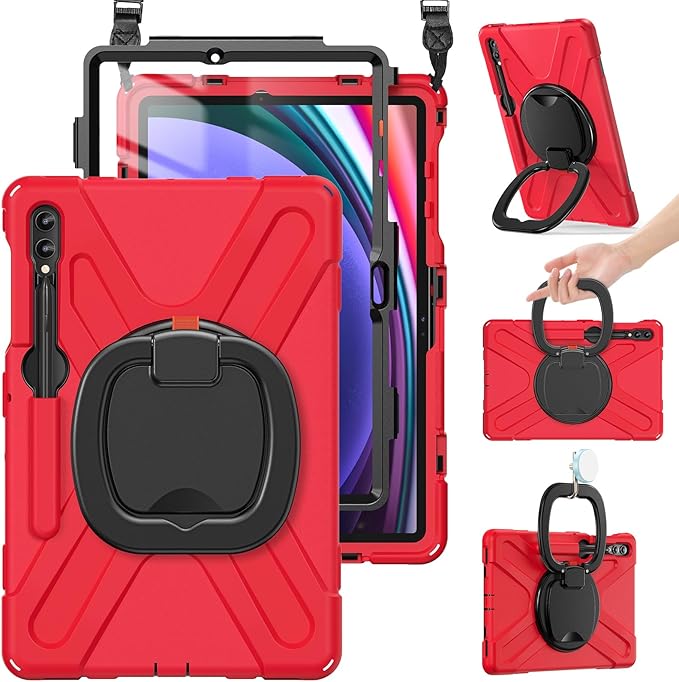 BRAECN Case for Samsung Galaxy Tab S10+/S9 FE+/S9+ 12.4” 2024 SM-X820/X610/X810 Shockproof Silicone Case with Screen Protector/S Pen Holder/Shoulder Strap/Kickstand for Galaxy Tab S8+/S7 FE/S7+Red