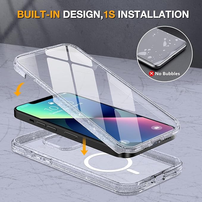 Miracase for iPhone 13 Case 6.1'' [Bubble Free] Full-Body Bumper Phone case with Built-in Full Glass ScreenNo GapCompatible with MagSafeDrop Proof 13 CoverClear Glitter