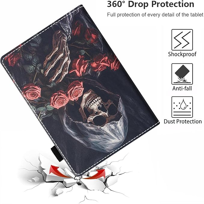 Case for All-New Amazon Fire HD 10 &amp 10 Plus Tablet 10.1 (13th/11th Generation 2023/2021 Release) Slim PU Leather Stand Cover with Card Slot &amp Auto Wake/Sleep - Skull Roses