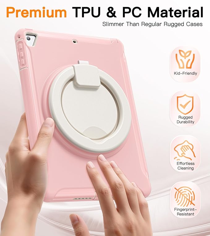BATYUE Case for iPad 6th Generation 9.7 inch 2018 iPad 5th Gen 2017 iPad Air 2/ iPad Pro 9.7''Shockproof Protective Cover with Pencil Holder &ampRotating Kickstandfor KidsGirls (Cheery Pink)