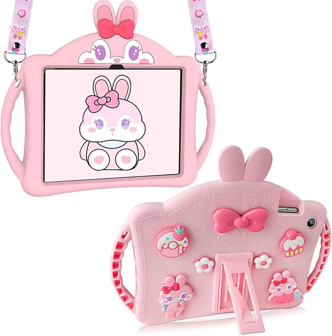 for Samsung Galaxy Tab A9 Plus Shockproof Case for Kids Girls with Adjustable Shoulder Straps and Handle Cute Rabbit Soft Silicone Tablet Cover for Galaxy Tab A9 Plus 11'' 2023(Pink)