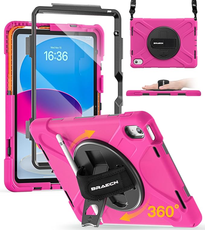 BRAECN for iPad (A16) 11th/10th Generation case 11/10.9 inch 2025/2022 Heavy Duty Shockproof Protective with Pencil Holder Screen Protector 360°Rotating Stand Handle &amp Shoulder Strap Full Body Cov