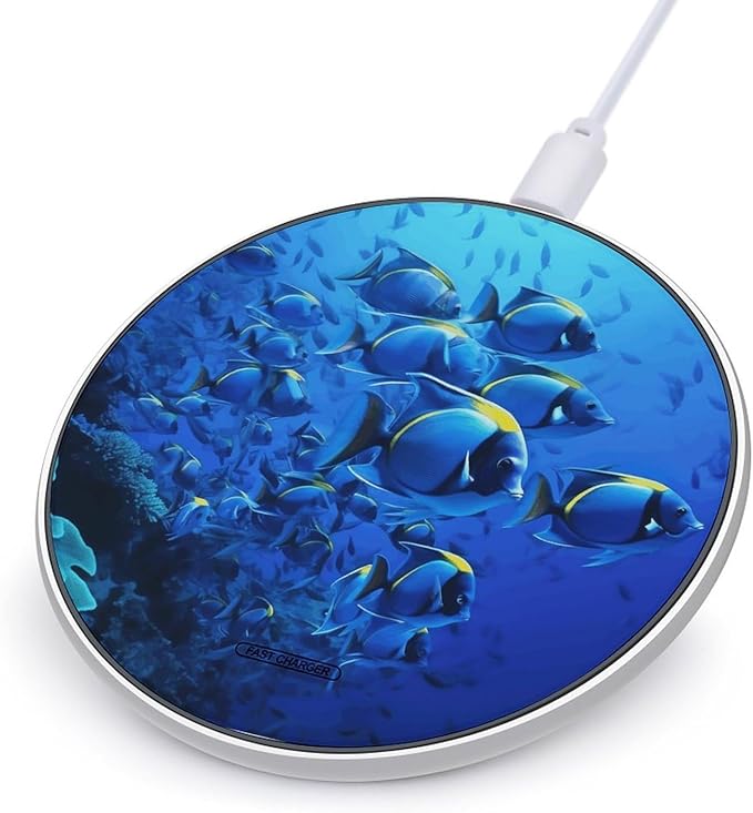 Blue Fishes Ocean Wireless Charger Fast Wireless Charging Pad with USB Cable 10W Anti-Slip Magnetic Wireless Charger Portable Slim Charger Puck Travel Charging Station