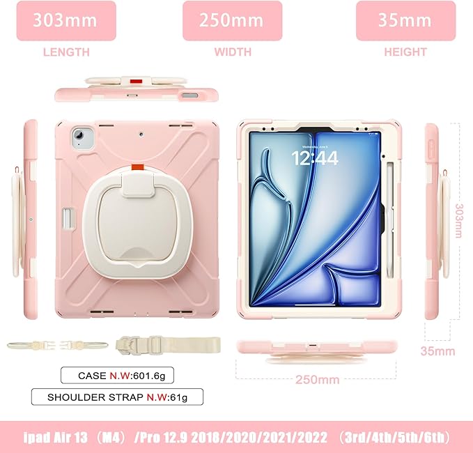 Batianda Case for iPad Air 13 inch 2025 M3 2024 M2 Chip Heavy Duty Rugged Durability Silicone Tablet Cover with 360° Rotating Ring Foldable Kickstand &amp Shoulder Strap Pink