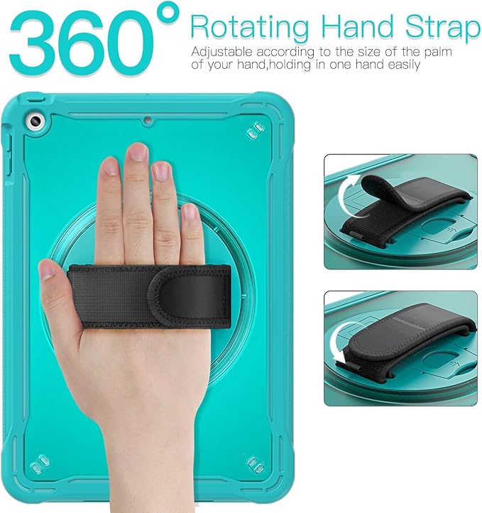 BRAECNstock for iPad 9th/ 8th/ 7th Generation Case 10.2 2021/2020/2019Shockproof Cover with 360° Rotating Hand Strap/StandScreen ProtectorCarrying Shoulder StrapPencil Holder(Light Blue)