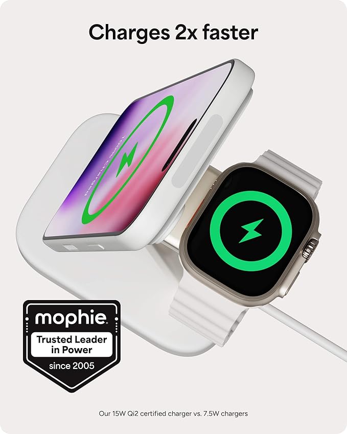 Mophie 2-in-1 Wireless Charging Stand - Qi2-Certified MagSafe Charger for iPhone &amp Apple Watch – Fast Charging Station with Adjustable Phone Stand &amp Cable Management – Up to 15W Power