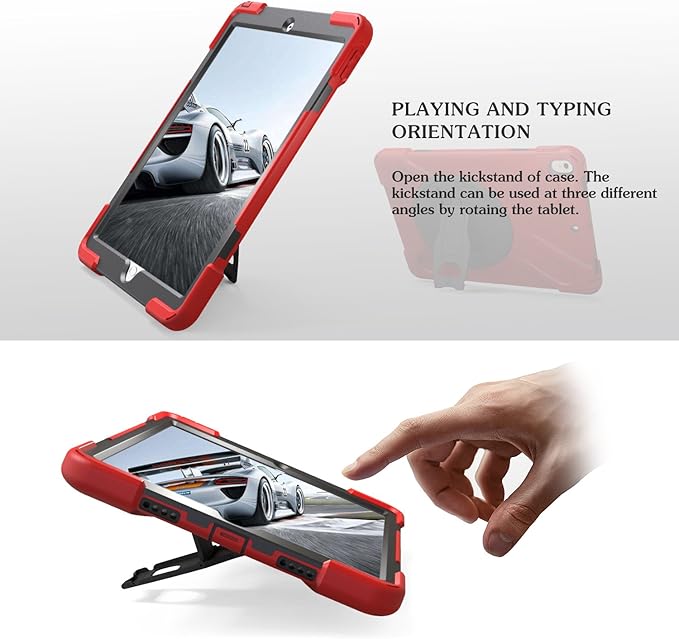 iPad Air 1474 Case 2013 | TSQ iPad Air Case 1st Generation Shock Dropproof Plastic Bumper Rubber Hard Cover w/Rotating Stand Handle Grip Shoulder Strap for Kids Clildren for Apple iPad Air 1 Red