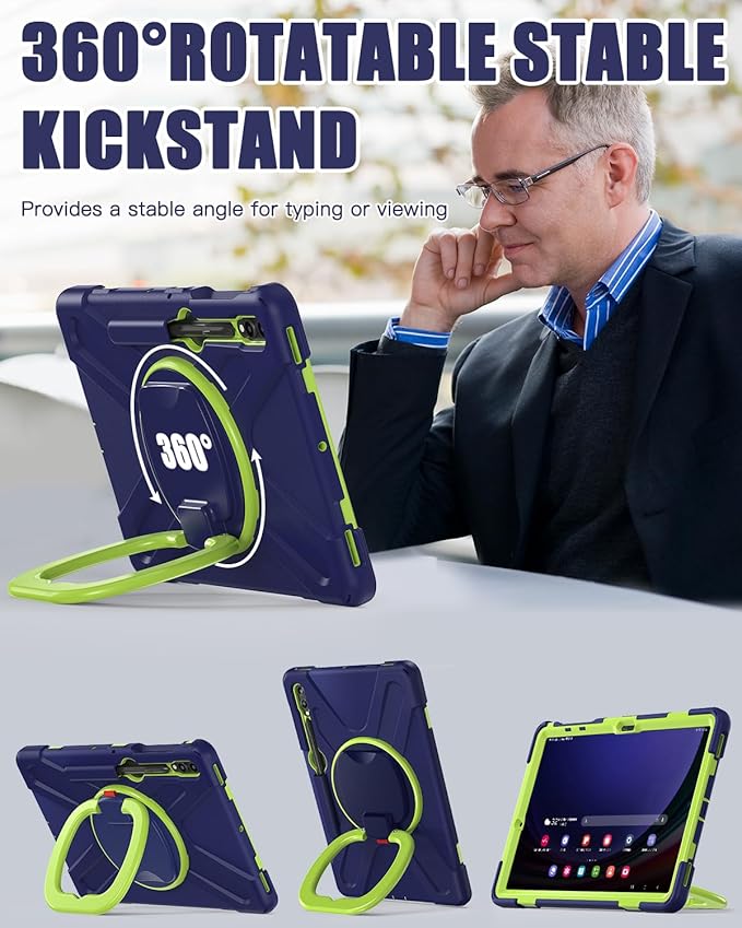 BRAECN Case for Samsung Galaxy Tab S10+/S9 FE+/S9+/S8+/S7 FE/S7+ 12.4” Rugged Silicone Cover w/S Pen Holder Screen Protector Handle Grip/Stand Shoulder Strap for Galaxy Tab S9 FE Plus Navy Green