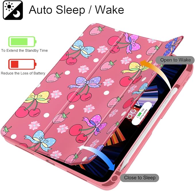 Tuiklol for 2025 iPad (A16 Chip) 11th Generation 11 inch/iPad 10th Generation 10.9 inch 2022 Case Buit in Pencil Holder with Clear Back Shell Cover Trifold Stand Auto Wake/SleepStrawberry Cherry