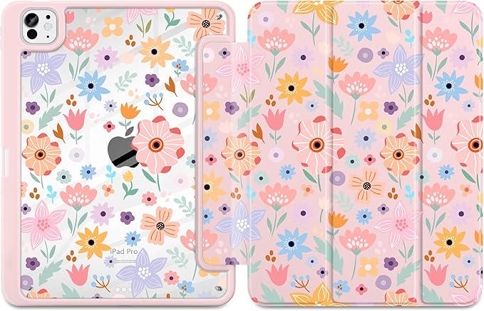 Case for iPad Pro 13 inch (M5) 2025 (M4) 2024 Release Slim Lightweight Cute Light Pink Cover with Clear Back TPU Edge Pencil Holder Trifold Stand Colorful Flowers