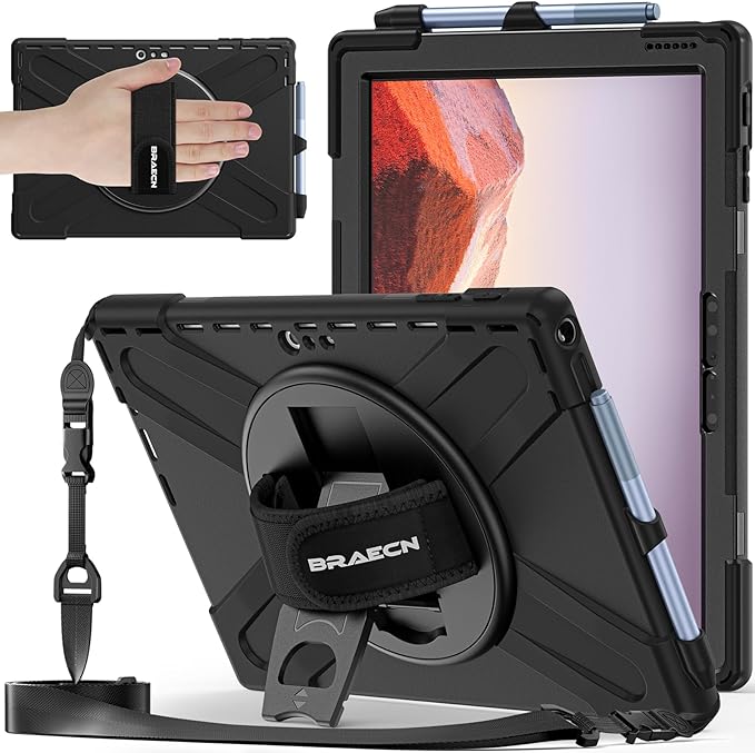 BRAECNstock Silicone Case for Microsoft Surface Pro 7+ Plus/Pro 7/6/5/4 12.3 inch Shockproof Rugged Cover with Screen Protector 360° Rotating Hand Strap + Stand Pen Holder Shoulder Strap Black