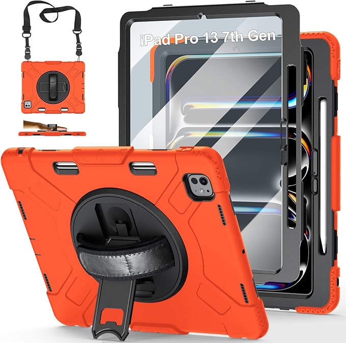 Case for iPad Pro 13 Inch M5 2025/ M4 2024: Military Grade Cover for iPad Pro 13 with Screen Protector - Stand - Handle - Shoulder Strap - Pencil Holder- Orange