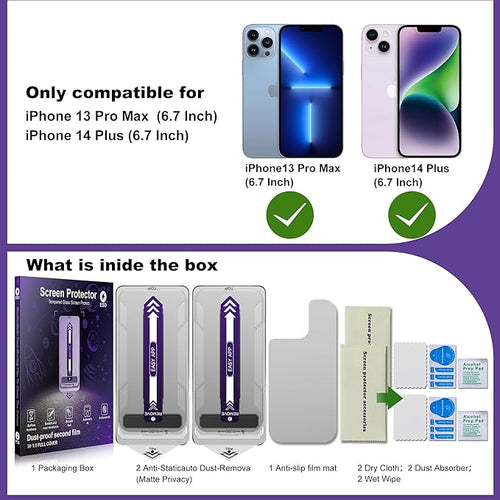 2-Pack Matte Privacy Screen Protector for iPhone 13 Pro Max/14 PlusAnti-Glare &amp 25°Anti-SpyAnti-ReflectionAnti-FingerprintAuto Dust RemovalEasy Installation