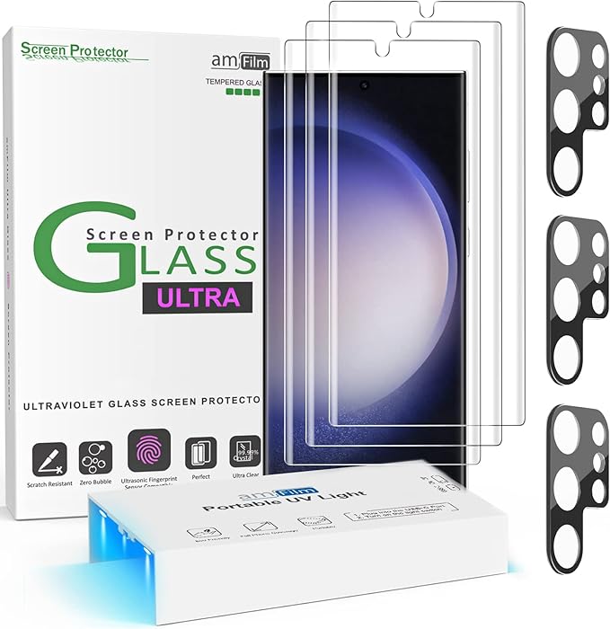 amFilm [3+3 Pack 3D Curved Tempered Glass for S23 Ultra Screen Protector Samsung Galaxy 6.8 Inch with Liquid Dispersion Tech Designed for Fingerprint Reader Upgraded Easier Application Tray.