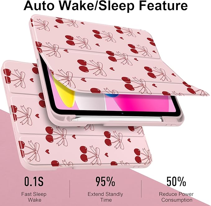 DONGKE Case for iPad (A16) 11th Generation 11 inch 2025 &amp iPad 10th Gen 10.9 inch 2022 [Built-in Pencil Holder] Clear Acrylic Back Trifold Stand Smart Cover Auto Sleep/Wake Cherry &amp Heart