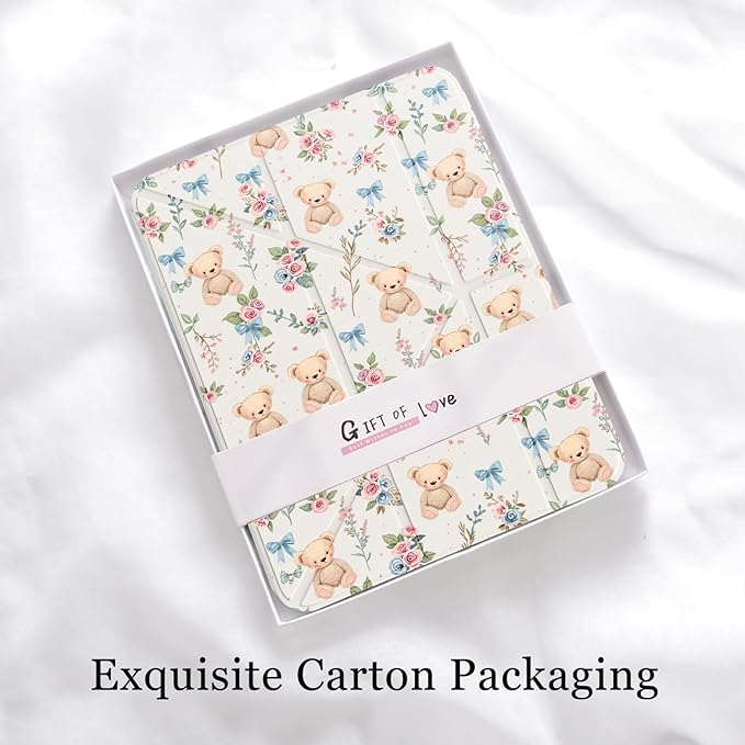 Cute Kawaii Bear Flower for iPad 7th/8th/9th Generation Case 10.2 Inch 2019/2020/2021 with Pencil Holder Auto Sleep/Wake White Leather Acrylic Back Detachable Cover