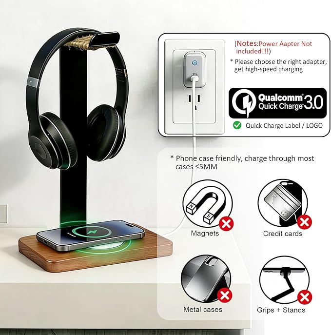 Handmade Wood Headset Stand with Fast Wireless Charging Pad- QI Wireless Charging Dock Compatible with iPhone 17/16/15/14 /Samsung Series2-in-1 Universal Holder for All Table Headphones