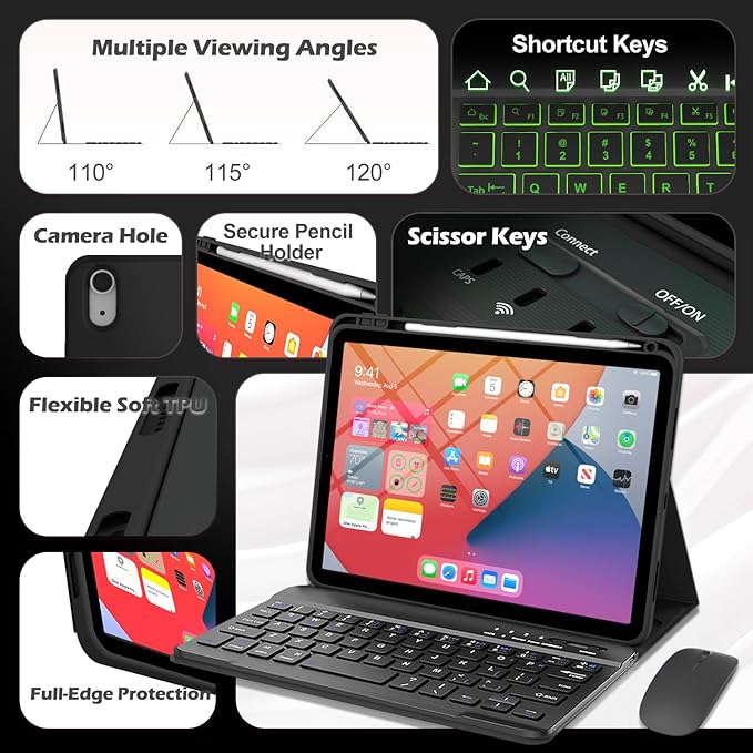 Keyboard Case for iPad mini A17 Pro 7th Generation 2024 / mini 6th Generation 2021 Mouse and Detachable Keyboard Adjustable Stand Built in Pencil Holder Auto-Sleep/Wake Feature Black