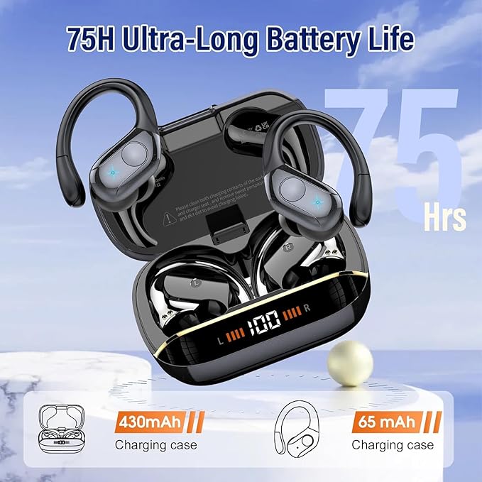 Wireless Earbuds Bluetooth 5.4 Headphones 75H Stereo Deep Bass Sports Over Ear Buds with Earhooks LED Display Bluetooth Earbuds with 4 ENC Mic IP7 Waterproof Earphone for Running Black