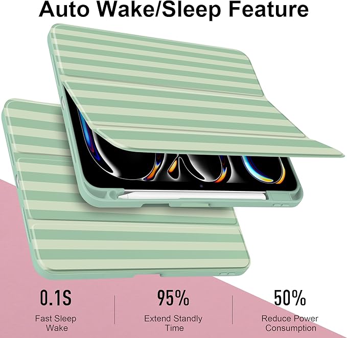 Case for iPad Pro 11 Inch (M5 2025 M4 2024) – [Built-in Pencil Holder] Shockproof &amp Stylish Clear Hard Back + Soft TPU Edge Magnetic Trifold Stand Auto Wake/Sleep Green Striped