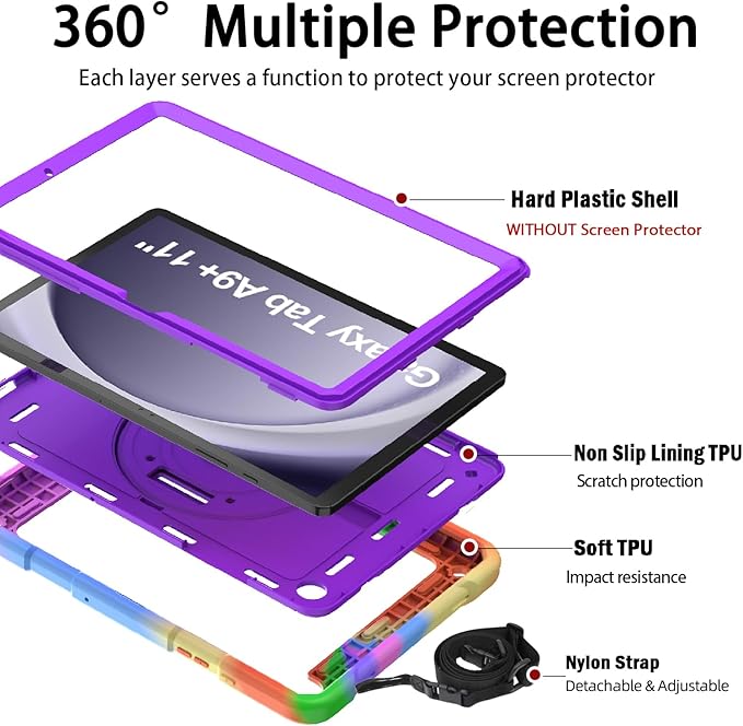 BMOUO for Samsung Galaxy Tab A9+/A9 Plus Case 11 2023 (SM-X210/X216/X218) Shockproof Galaxy Tab A9 Plus Case with Rotating Stand and Hand/Shoulder Strap Purple